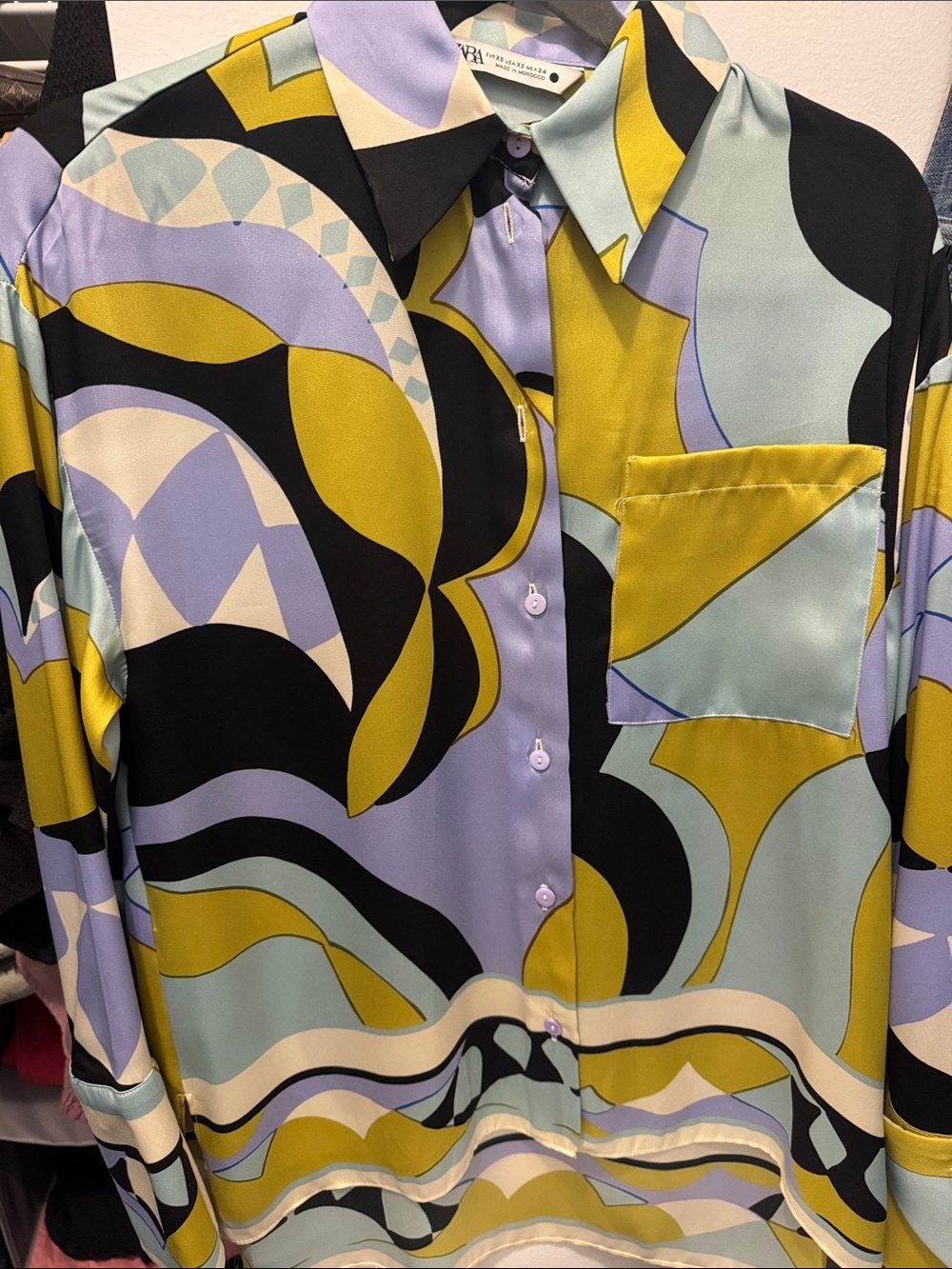 Zara Abstract Satin Button-Down Blouse — Yellow, Lavender, Black, Light Blue